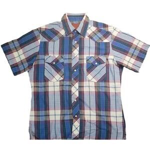 Rustler Men’s M Blue Plaid Western Pearl Snap Shirt VTG X-Long Tails EUC